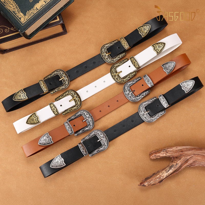 JASGOOD Double Buckle Western Belts For Woman Cowgirl Country Belt Vintage Black Leather Belt For Jeans Pants Dresses - Image 5